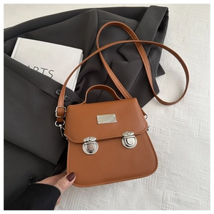 Detail of vintage brown leather handbag with silver dual push locks and top handle