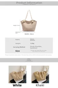 Detailed size specifications and material info for straw woven tote shoulder bag
