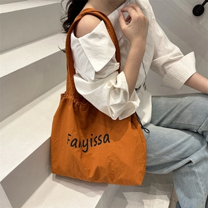 Women Large Capacity Nylon Tote Bag Street Trendy Letter Print Shoulder Bag With Drawstring Closure Daily Casual Handbag