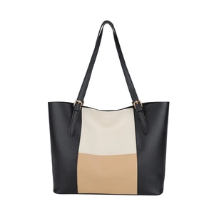 Three-color patchwork faux leather tote bag with black, cream and khaki panels