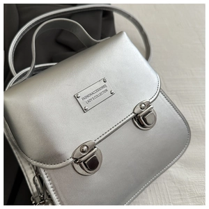 Detail of silver matte square handbag showing flap closure and rectangular metal plaque