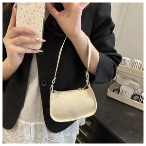 Detailed macro of cream baguette bag featuring lychee grain texture and gold zipper