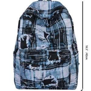 Graffiti style student backpack featuring distressed blue-black plaid and fringe details