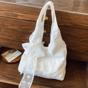 Women White Lace Tote Bag Flower Embroidery Large Capacity Shoulder Bag With Big Bow Korean Sweet Retro Handbag