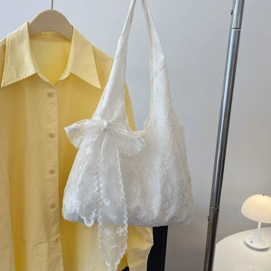 Elegant white lace floral tote bag with a large bow detail and embroidery for women