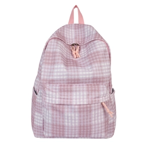 Pink and white gingham fashion backpack with large capacity and woven zipper pulls