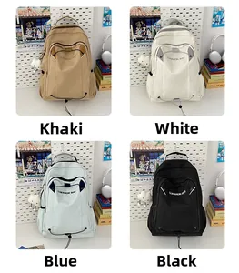 Detailed comparison of large nylon backpacks in khaki, white, light blue and black colors