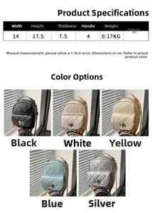 Size guide for mini quilted backpack showing dimensions and five available color options