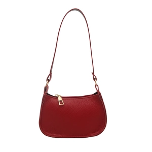 Chic red lychee pattern crescent shoulder bag with golden hardware and sleek strap
