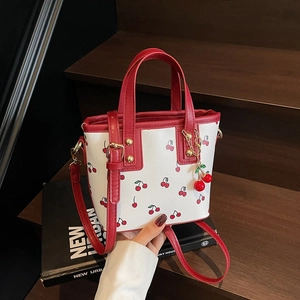Fashion Cherry Print PU Leather Shoulder Bag For Women Cute High Capacity Bucket Bag With Cherry Pendant Commuter Handbag
