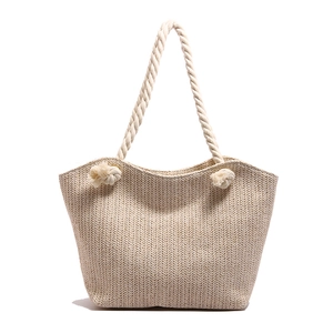 Large capacity woven straw tote bag with white cotton rope handles for women