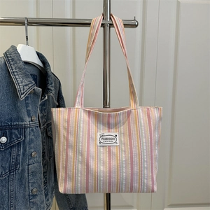 Colorful striped canvas tote bag with large capacity and original fashion logo patch