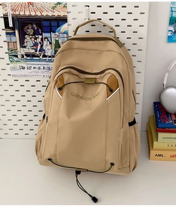 Macro detail of khaki high-density nylon backpack with Luifanon embroidery and durable zippers
