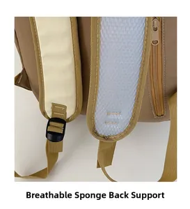 Détail du sac à dos kaki avec bretelles en maille respirante et fermeture éclair bronze