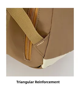 Détail des coutures renforcées en triangle sur les bretelles du sac à dos en nylon