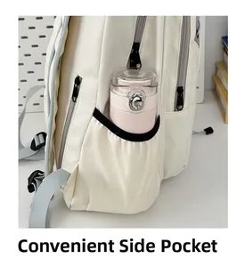 Detail of convenient side mesh pocket on white backpack holding a pink water bottle