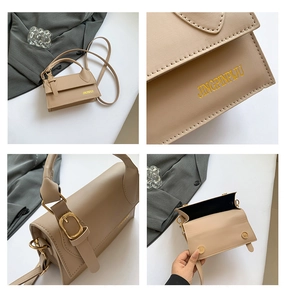 Detailed views of beige crossbody bag with gold hardware and magnetic snap closure