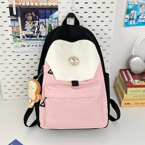 Nylon Color Block Backpack Waterproof Large Capacity School Bag For College Women Teenagers With Toast Plush Pendant