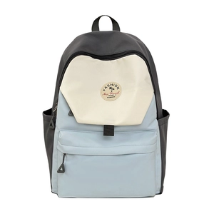 Three-color contrast nylon backpack for women with blue, beige, and black拼接 panels
