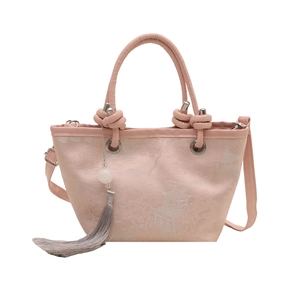 Pink new Chinese style embroidered bucket bag with pavilion patterns and grey tassel