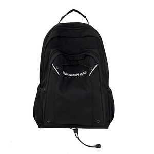 Large black lightweight backpack with multi-zipper compartments and drawstring design