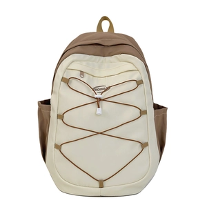 Sac à dos stylé crème et marron pour étudiants avec cordon de serrage élastique décoratif