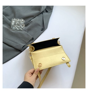 Macro shot of gold metallic square bag showing the interior lining and magnetic clasp