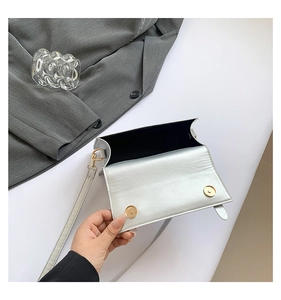 Detail view of silver metallic bag with gold magnetic snaps and black inner lining