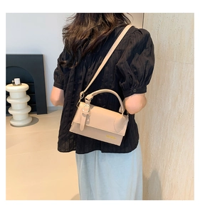 Detail view of beige square crossbody bag with gold hardware and circular top handle
