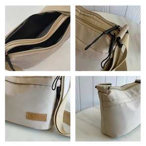 Detail shots of beige nylon crossbody bag featuring multi-zipper pockets and fashion logo