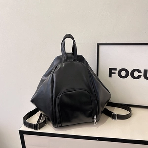 Modern black pleated backpack for women with geometric triangle shape and PU leather texture