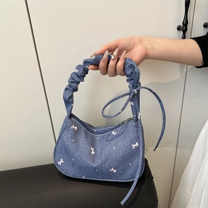 Sac À Épaule En Jean Pour Femme Avec Bandoulière Plissée Et Noeud Sac À Main Hobo Imprimé Floral Décontracté Mode Rétro
