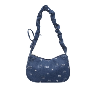 Sac sous le bras en jean vintage Y2K avec broderie Hello Kitty et bandoulière à volants