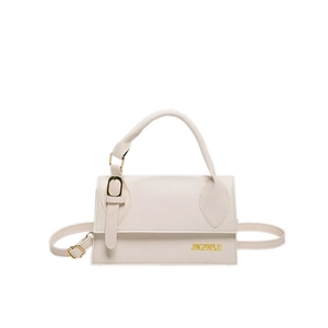 Retro cream square shoulder bag with top handle and detachable strap in matte PU leather
