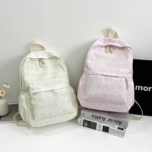 Cute cat print canvas backpack for girls in beige and pink, large capacity school bag
