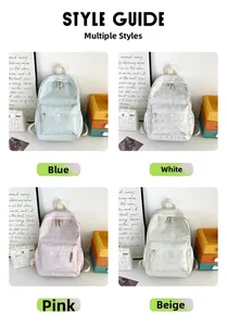 Four different colors of canvas backpacks in blue, white, pink, and beige for students