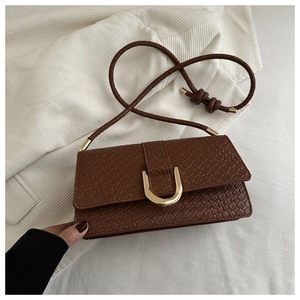 Detail of dark brown woven texture bag with golden horseshoe buckle and knotted strap