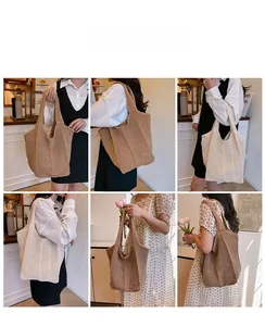 Detail of hand-woven hollow knit tote bag showing khaki and cream mesh texture design