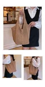 Close-up of beige crochet knit tote bag showing intricate hollow out pattern and texture