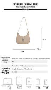 Detailed dimension guide for beige half-moon crossbody bag with silver hardware specs