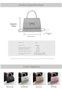 Detailed size guide for bow glitter mini bag with pearl handle and metal chain strap