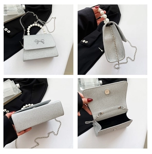 Detailed views of silver glitter handbag with pearl handle and bow accent in four-grid layout