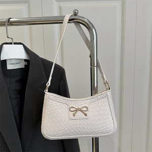 Women Baguette Underarm Bag PU Leather Woven Pattern Golden Bowknot Metal Decor Retro Fashion Shoulder Bag