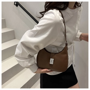 Detail view of a dark brown crescent underarm bag with a silver geometric metal buckle