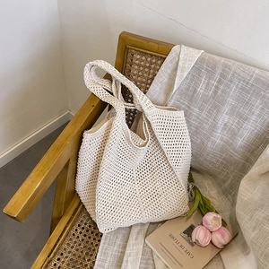 Nylon Knit Crochet Tote Bag Hollow Out Large Capacity Summer Beach Underarm Handbag For Women Casual Vacation Style