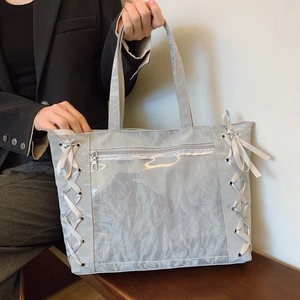 Women Large Capacity Ita Bag PU Leather Canvas Transparent PVC Window Ribbon Bow Decor Japanese Style Shoulder Tote Handbag