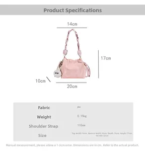 Pink PU bucket bag with woven handle, plush charm, and detailed size specifications