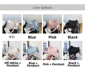 Detailed grid showing four colors of pleated bucket bags with or without plush pendants
