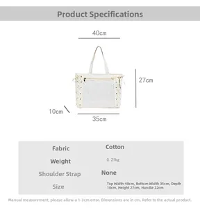 Detailed dimensions of the canvas tote bag showing size parameters and weight info