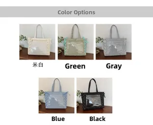 Detailed view of the Ita bag collection featuring ribbon ties and transparent front pockets